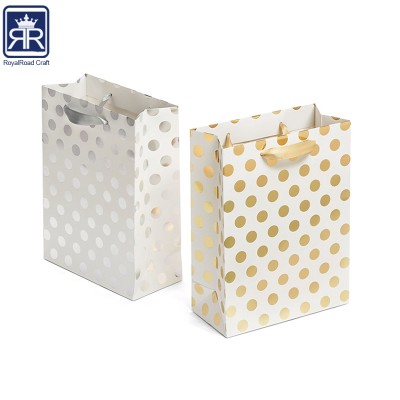 18031010 Customized Gold Silver Polka Dot Present Paper Gift Shopping Bag With Ribbon Handles